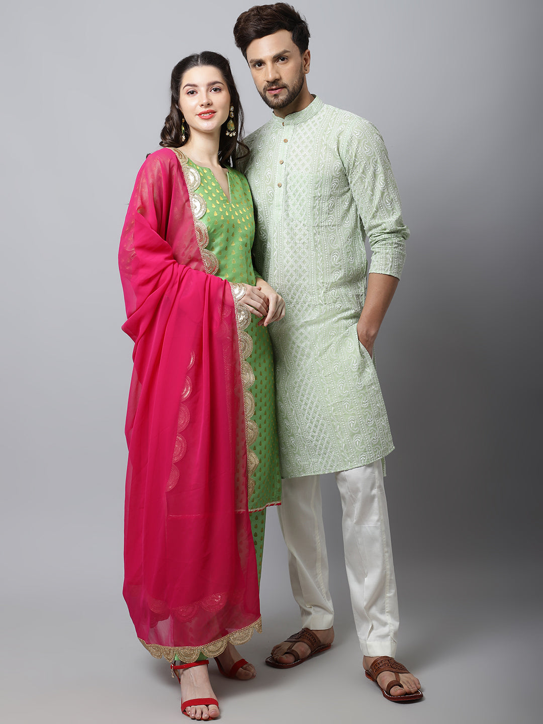 Women and Mens Fancy Couple Kurta & Kurti Set -Printed Dress for Women  Casual Dress Pure Couple Kurta & Kurti Set Viscose Royon for Women (Men -  L/Women - M, Pista Green) :